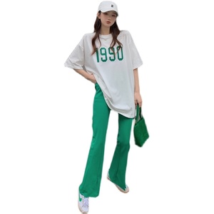 PS16300# 韩风橄榄绿色经典数字印花T恤前开叉阔腿裤套装两件套女 服装批发女装直播货源