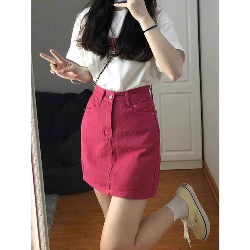 多巴胺玫红色牛仔短裙女25夏甜辣包臀A字裙子显瘦百搭高腰半身裙