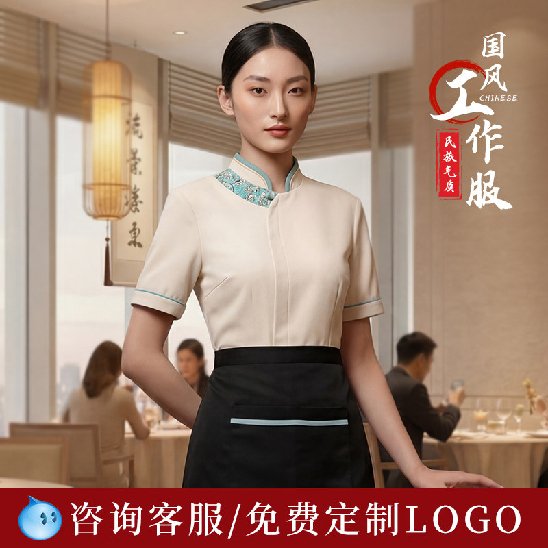 前台接待餐饮酒店服务员工作服立领修身夏季中式女式短袖酒店制服