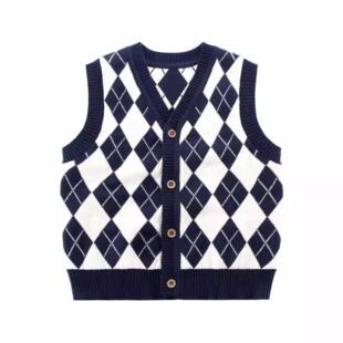 折扣中大童男童马甲V领菱格开衫背心针织毛衣90-170