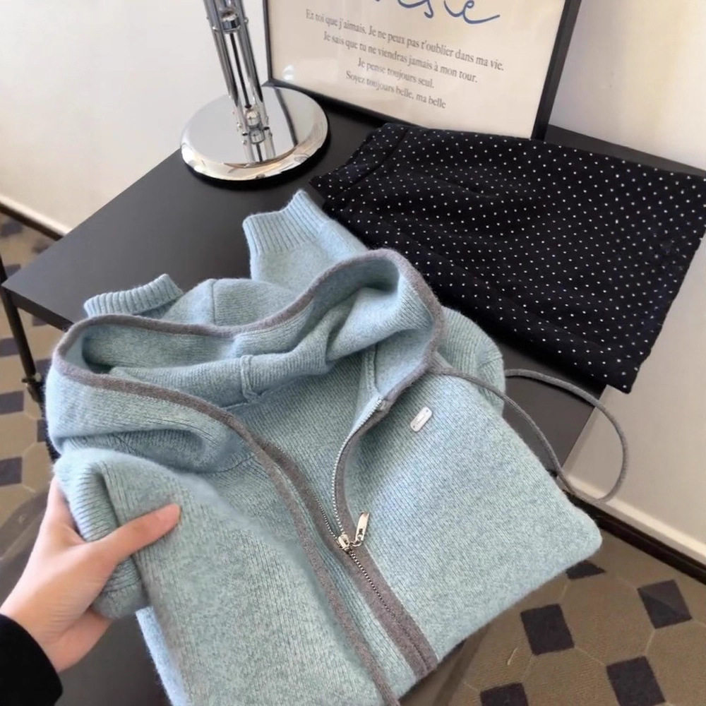 慵懒风蓝色双拉链连帽毛衣外套女2026韩系宽松软糯外搭针织衫开衫