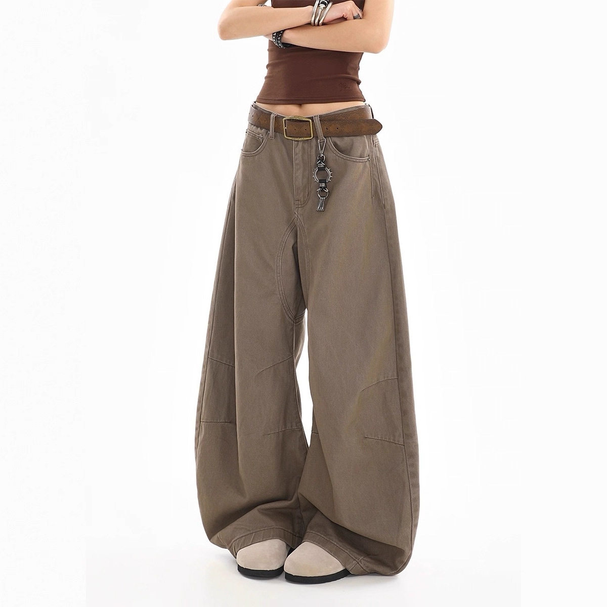 美式复古咖色弯刀牛仔裤女2026新款高腰宽松显瘦垂感阔腿裤