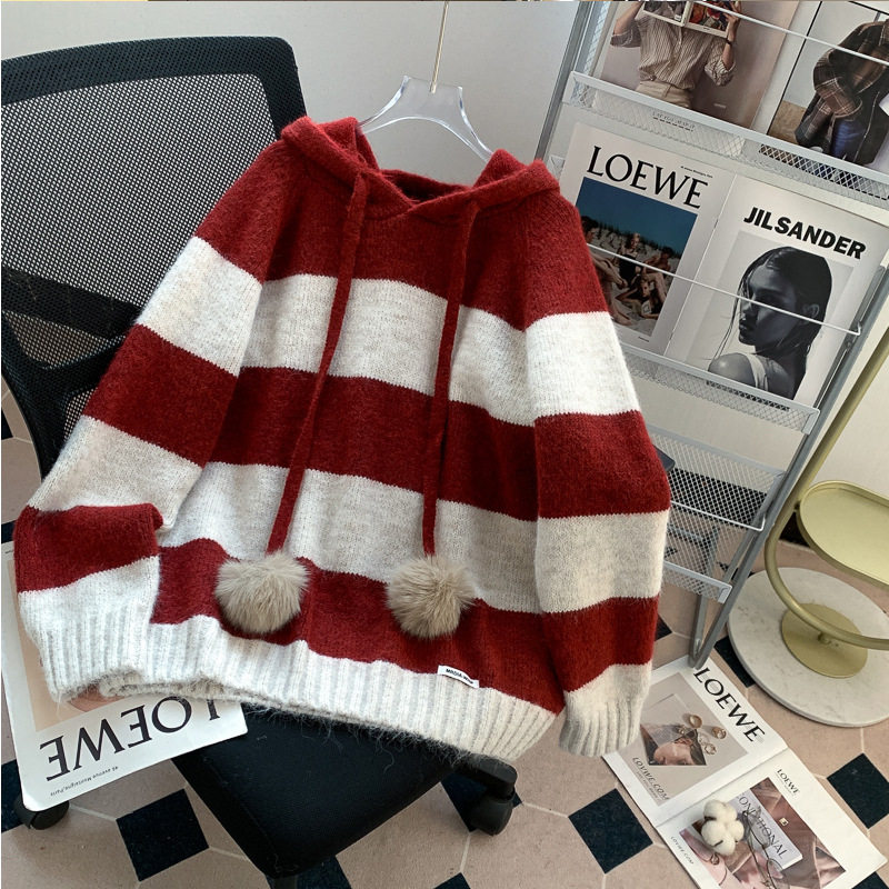 韩版红色条纹连帽毛衣女秋冬新款宽松慵懒风软糯针织衫上衣外穿潮
