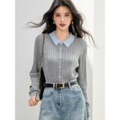 针织衫 气质拼色领纽扣设计感长袖 上衣 韩版 实拍春季