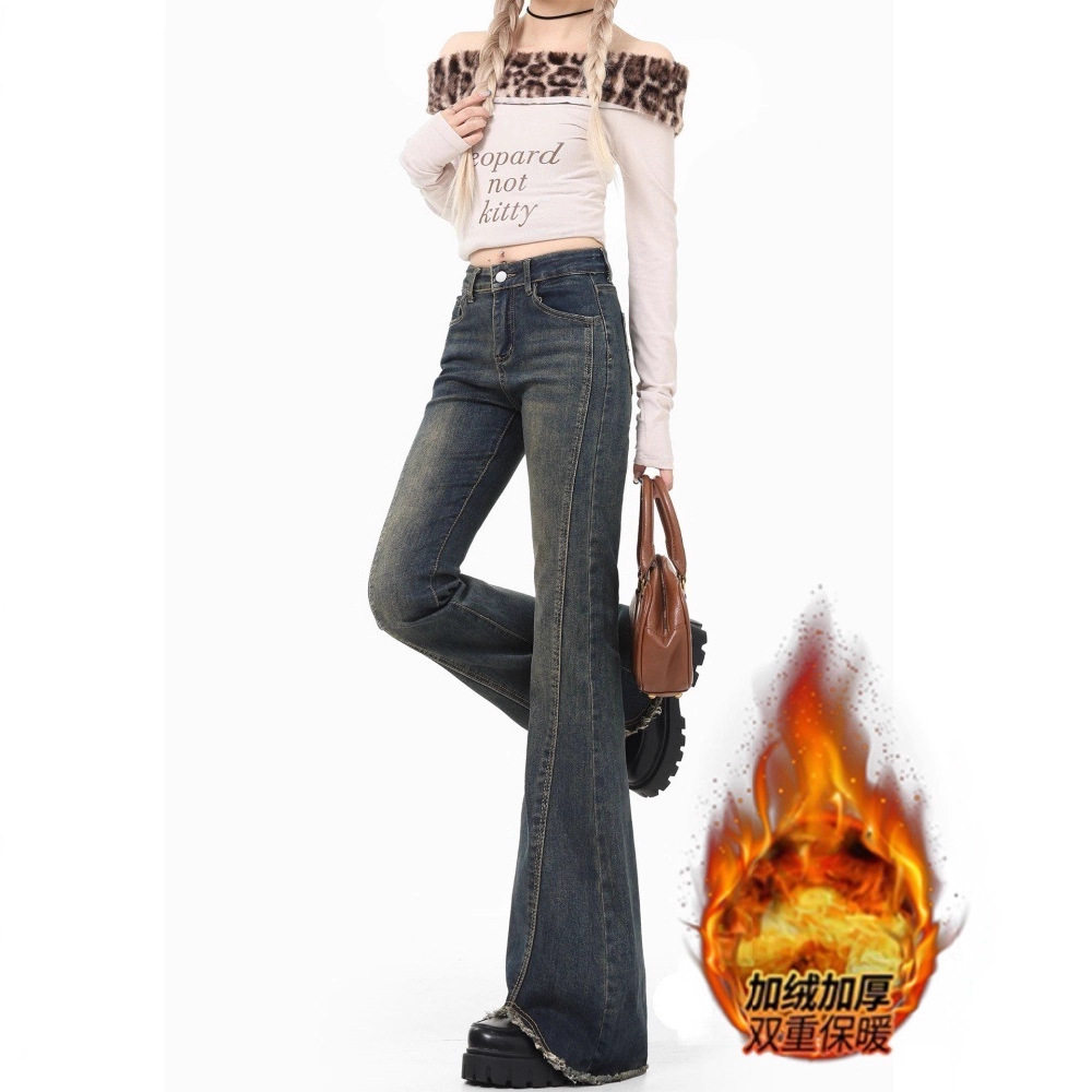 毛边复古开叉微喇牛仔裤女春新款加绒大码胖mm高腰显瘦直筒裤子