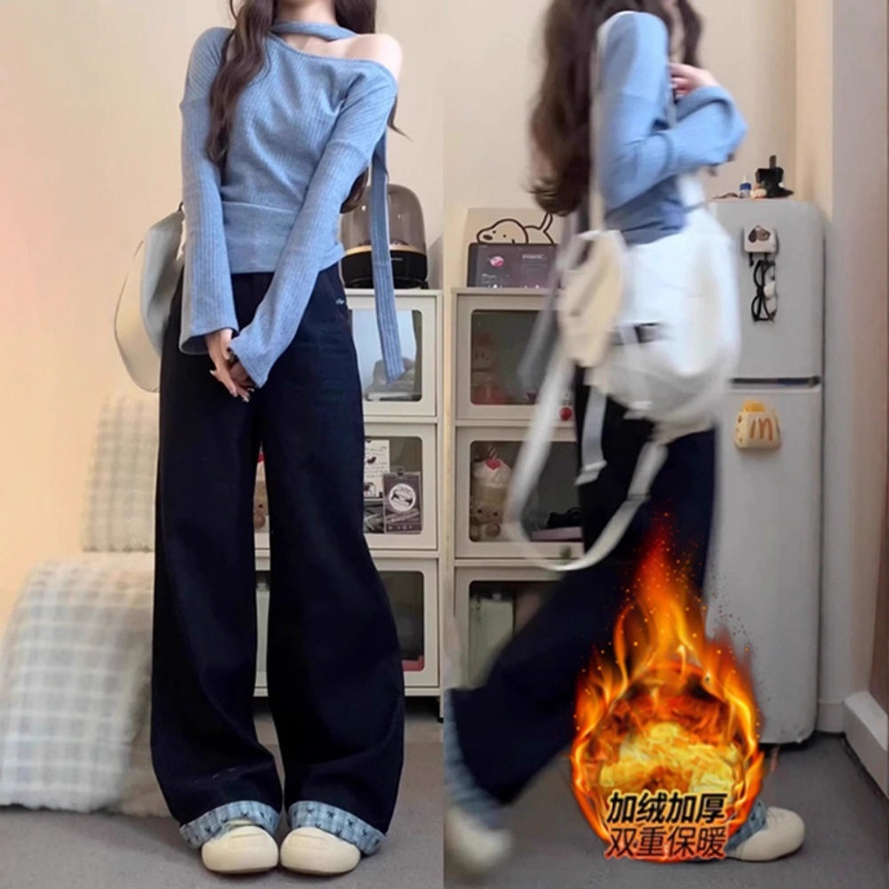 美式复古深蓝色加绒牛仔裤女春大码胖mm设计感拼接宽松阔腿裤
