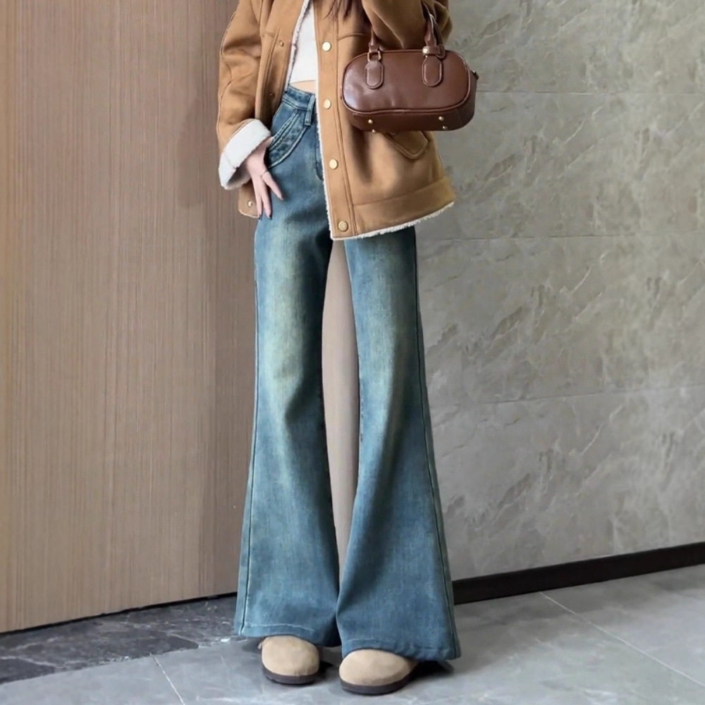 美式复古加绒微喇牛仔裤女春大码胖mm高腰显瘦小个子马蹄喇叭裤