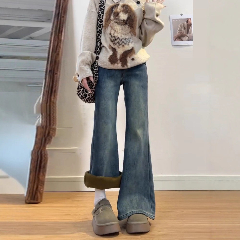 加绒微喇牛仔裤女春大码胖mm高腰显瘦喇叭直筒拖地修身马蹄裤子