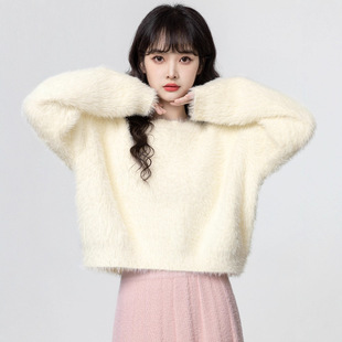 马海毛圆领毛衣女2026春新款仿水貂绒针织衫软糯加绒加厚短上衣