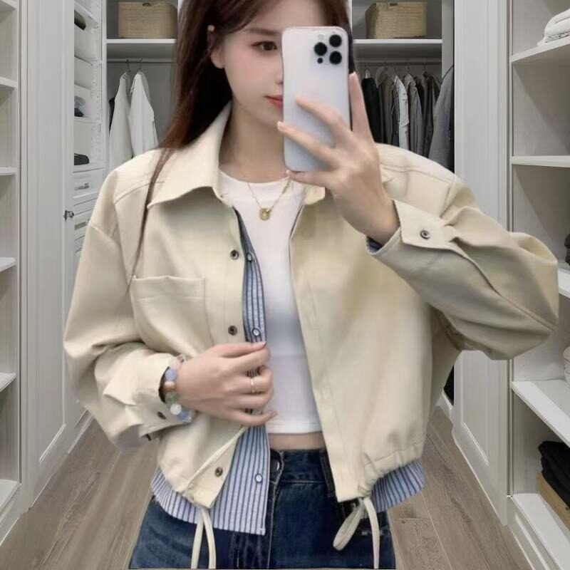 春秋百搭短款PU皮衣女假两件