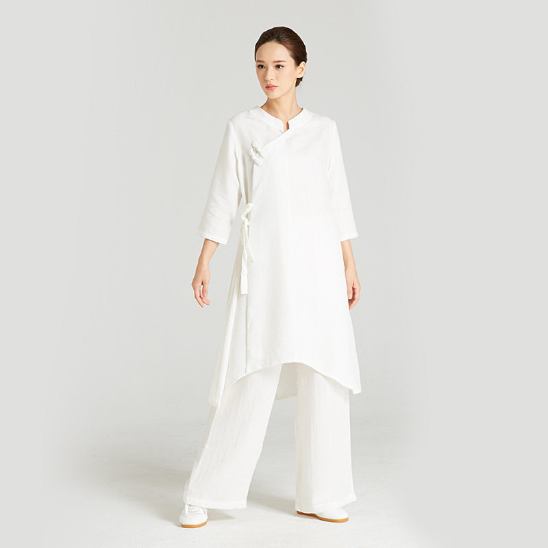 新款 武农亚麻女户外休闲练功中国风长款武术太极服套装粉色w1320