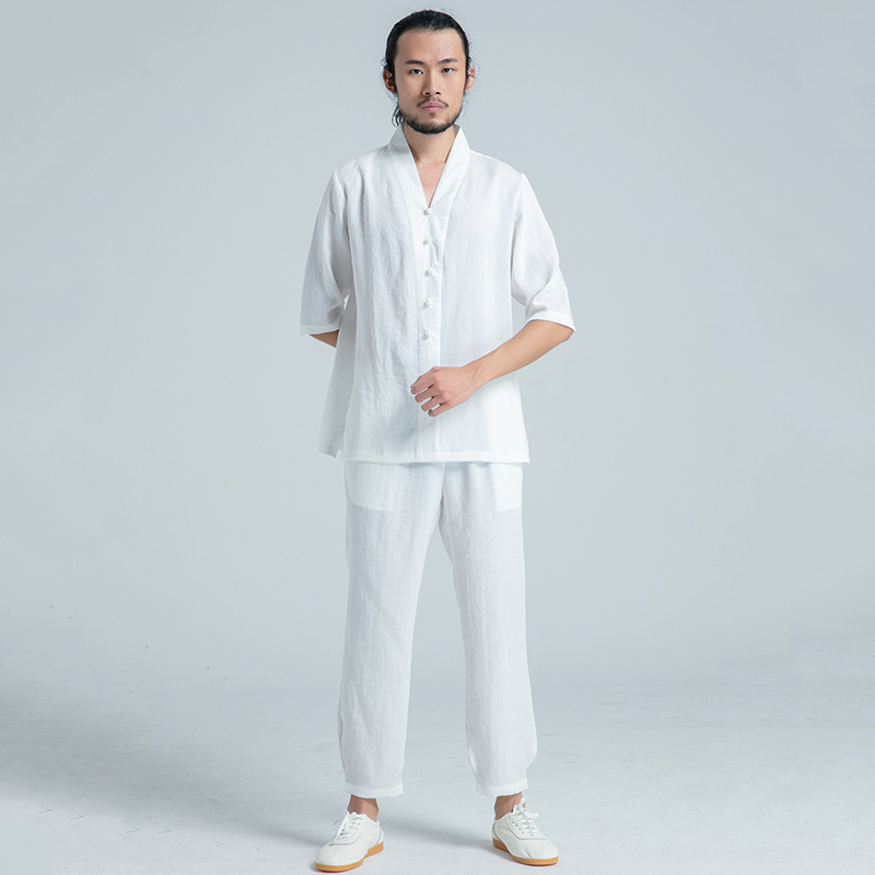 武农春夏太极拳服男士民族纽扣休闲亚麻中国风短袖衬衫白色 8880