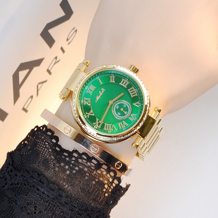 玛莎莉士精钢大表盘钢带手表金色镶钻女时尚圆形石英普通国产腕表