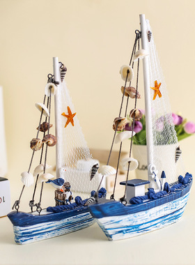 地中海家居装饰蓝白贝壳帆船做旧工艺品礼品贝壳船树脂工艺品摆件