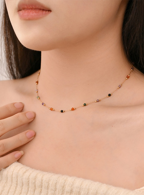 天然彩色石串珠项链女复古锁骨链