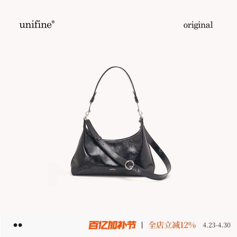 unifine新款油蜡牛皮斜挎包黑色手提单肩腋下包真皮女包送人礼物