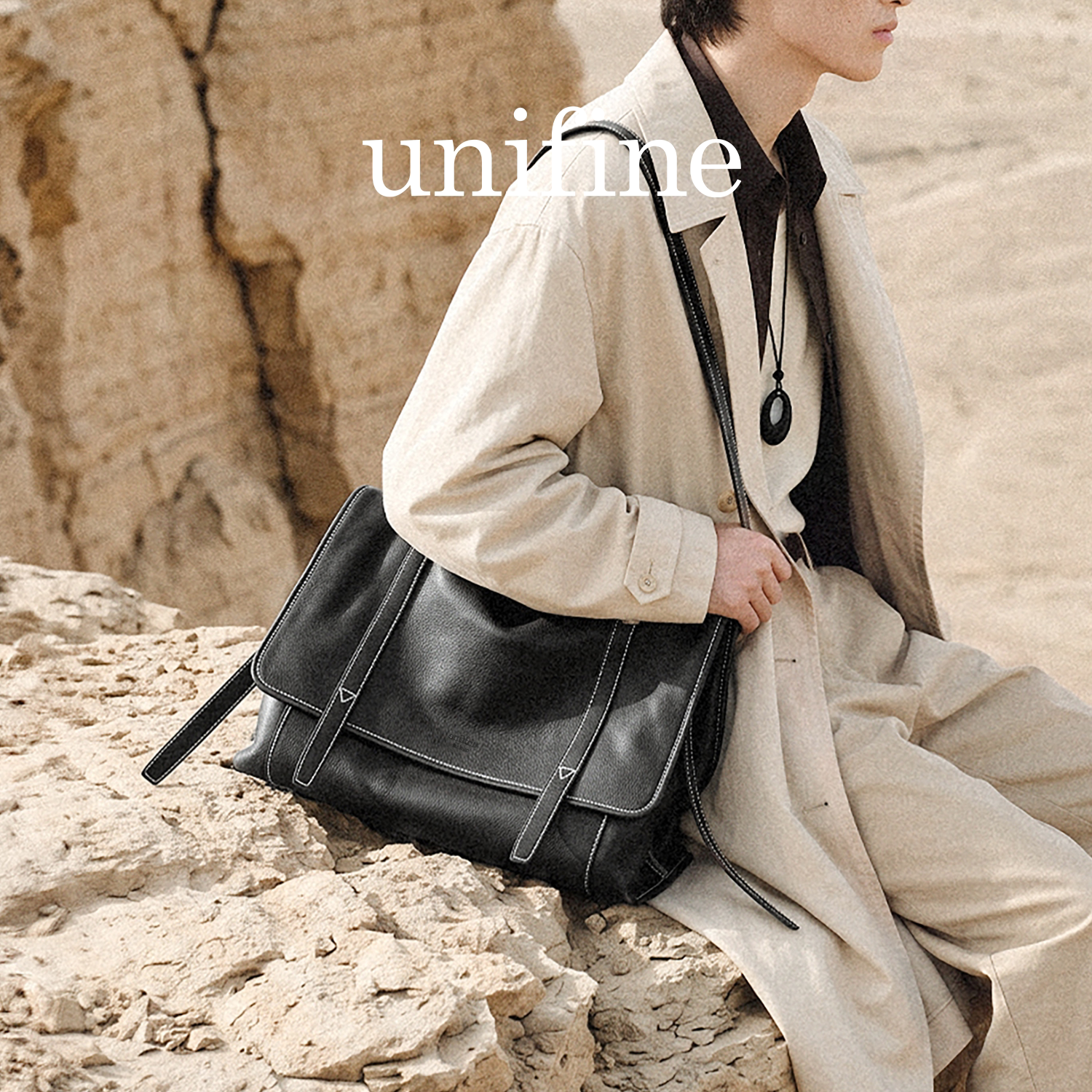 unifine真皮托特公文包通勤大容量单肩斜挎包复古邮差包男女同款
