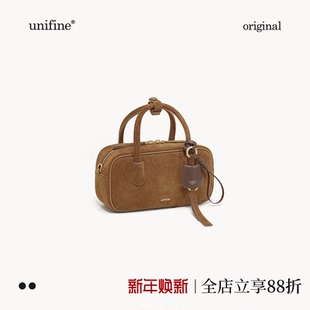 unifine璞行波士顿包新款 麂皮绒棕色包包手提包单肩斜挎包女小众