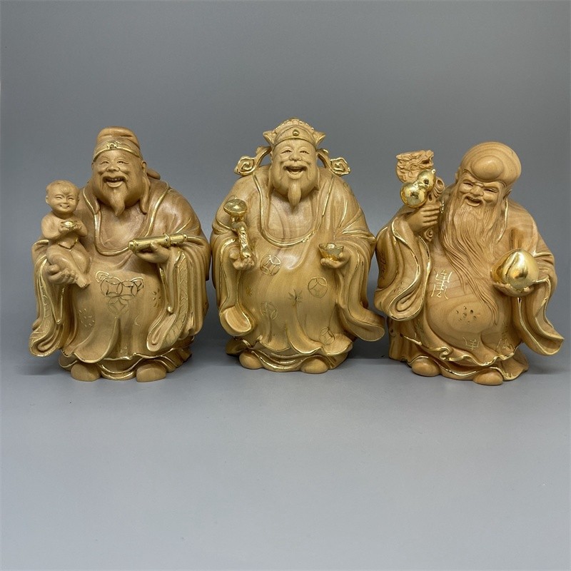 小叶黄杨木雕刻描金福禄寿神像摆件家居办公室摆放装饰送长辈好礼