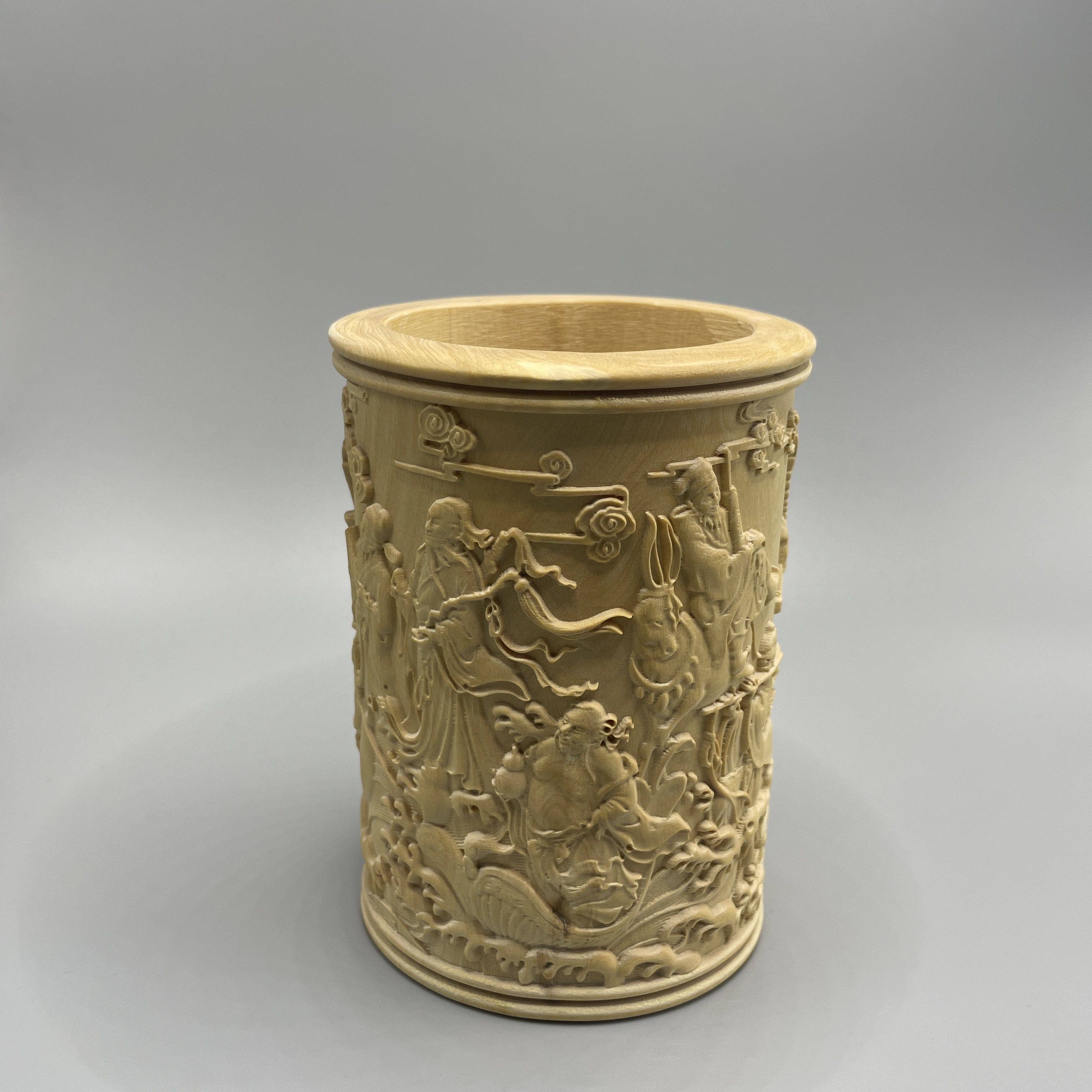 小叶黄杨木雕刻八仙过海图笔筒中国风文房摆件书法家文人文化礼品