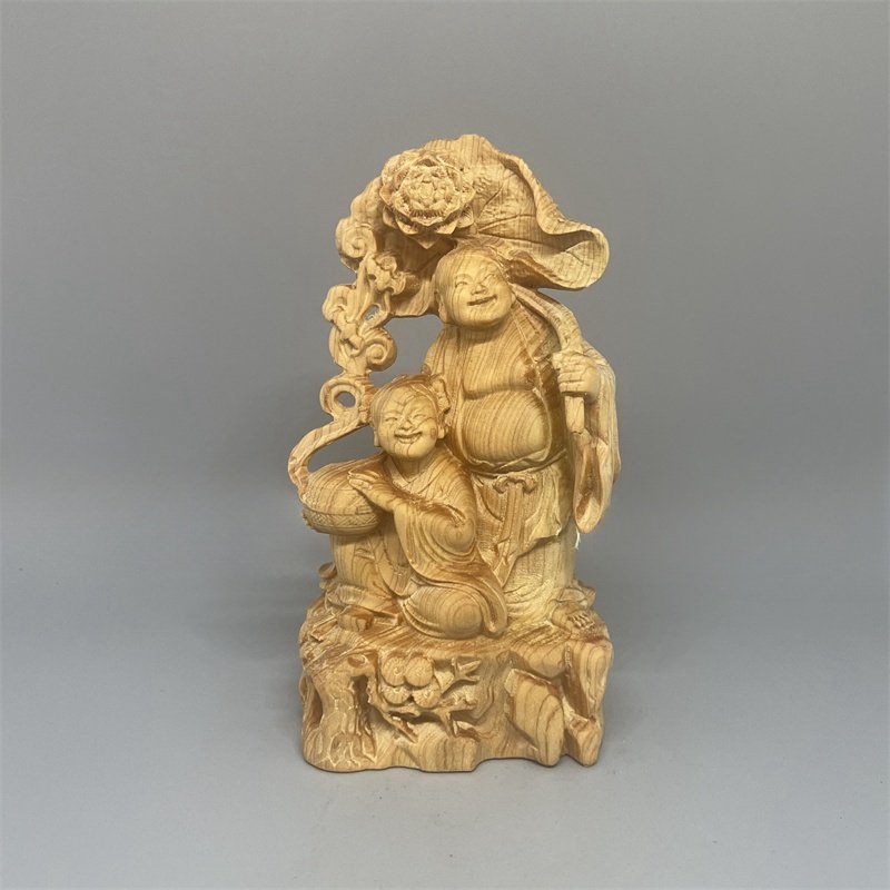 崖柏木雕刻荷叶二仙人物摆件佛像和气家居卧室摆放装饰实木工艺品