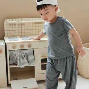A类天竹棉婴幼儿夏季短袖上衣衬衫长裤连体套装防蚊透气