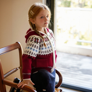 红色费尔岛小红帽连帽开衫外套 儿童新年了拜年服绵羊绒毛衣