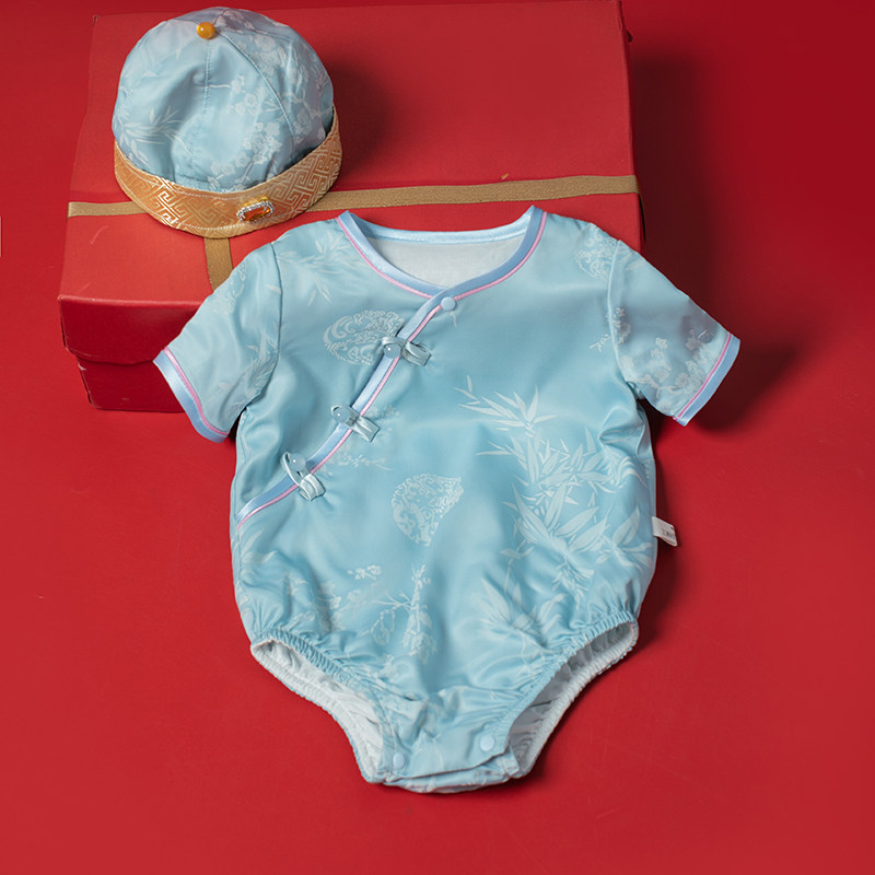 男宝宝周岁礼服短袖夏季包P衣新中式天蓝色百天婴幼儿连体衣生日