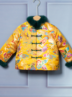 男女童唐装上衣外套新中式拜年服黄色中国龙年新衣宝宝龙凤兄妹装