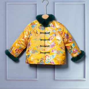 男女童唐装上衣外套新中式拜年服黄色中国龙年新衣宝宝龙凤兄妹装