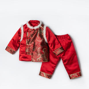 晨舞 女童新款唐装裤子两件套装红色喜气中式国风宝宝拜年服加厚