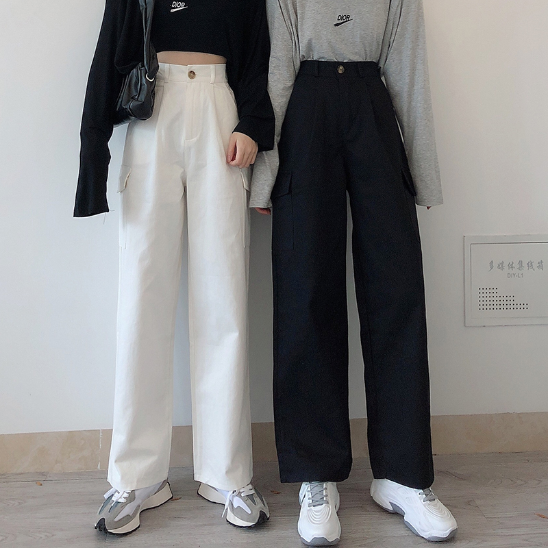 Real shot real price Korean High Waist Wide Leg overalls large pocket straight tube casual pants