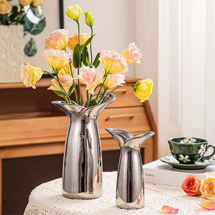 银色花瓶轻奢高级感不锈钢电镀餐桌摆件客厅插花软装装饰品样板间