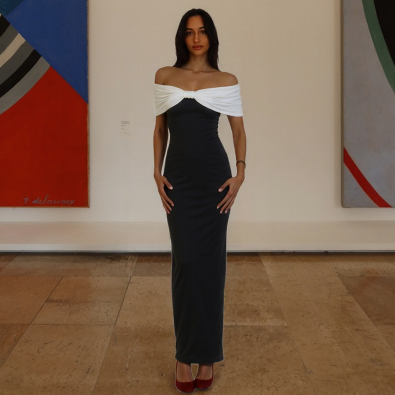 法式风外贸高级感宴会礼服气质一字肩撞色高端浪漫轻奢简约连衣裙