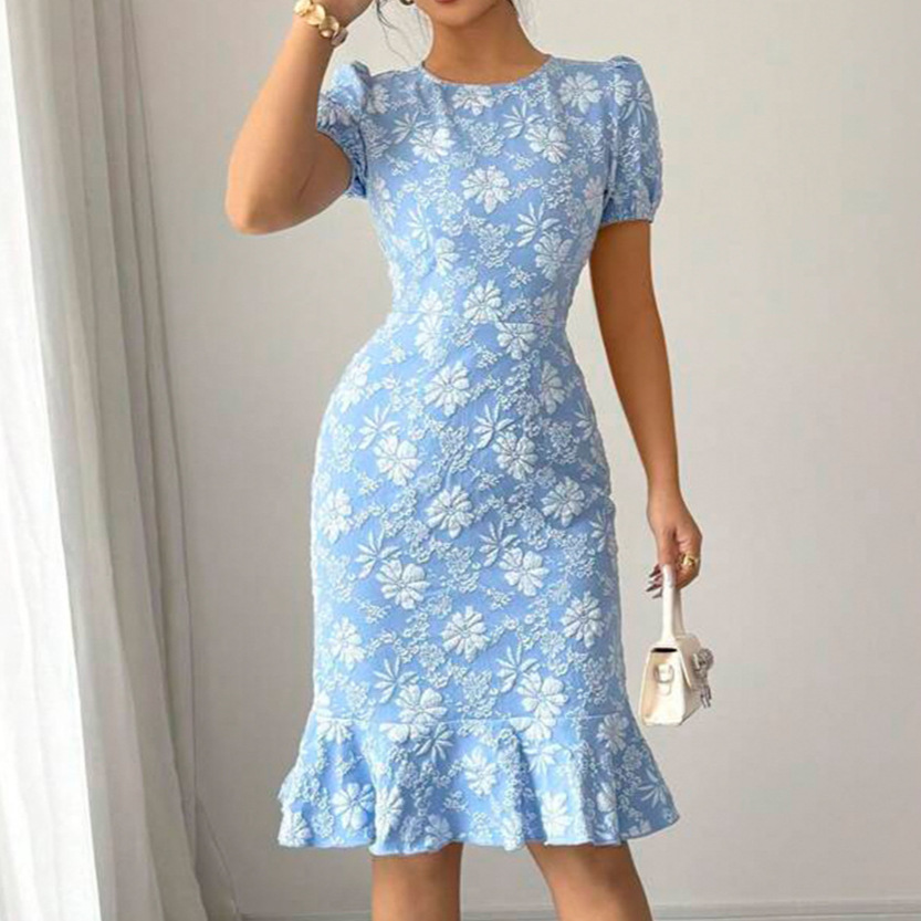 速卖通外贸热卖新款女装花朵短袖荷叶边拉链法式轻奢修身连衣裙女