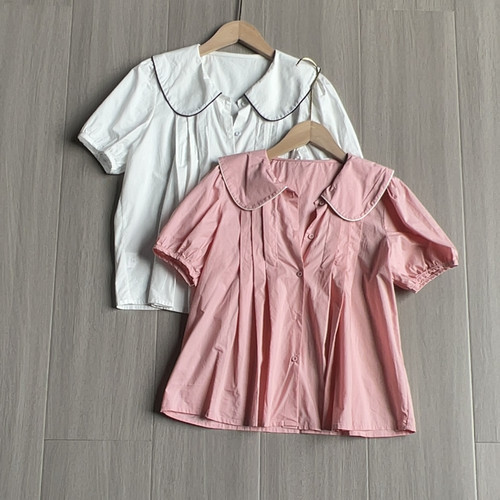 D733白色衬衫女短袖夏季新款洋气学生宽松娃娃领衬衣半袖小众法式