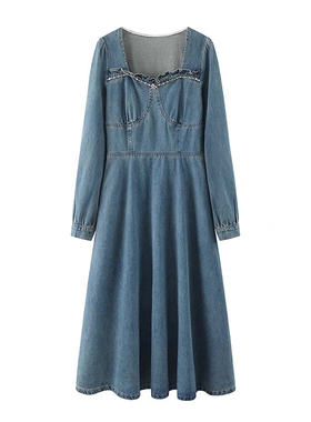 D723牛仔连衣裙女春季新款独特法式a字复古小香风收腰显瘦裙子