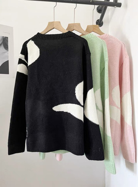 A622明星同款秋冬款宽松慵懒撞色花卉图案套头针织套头毛衣