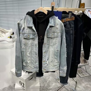 A562 男女款破洞牛仔外套青年男士潮流韩版夹克百搭港风上衣潮