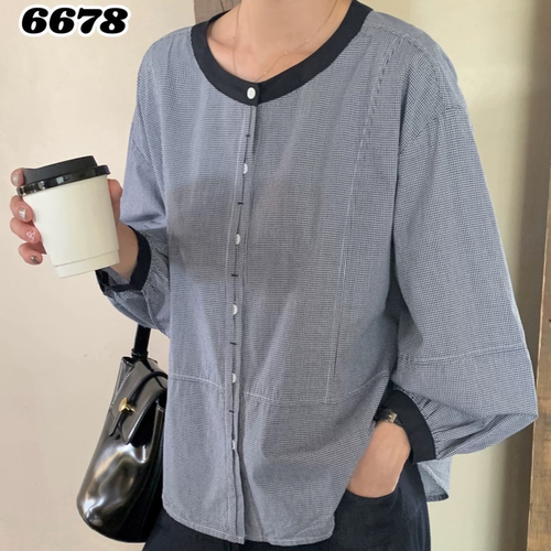B233秋季淑女长袖宽松衬衫圆领拼色小格子全mian衬衫女6678