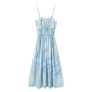 B633全棉晕染夏季 度假风气质印花吊带连衣裙女 法式