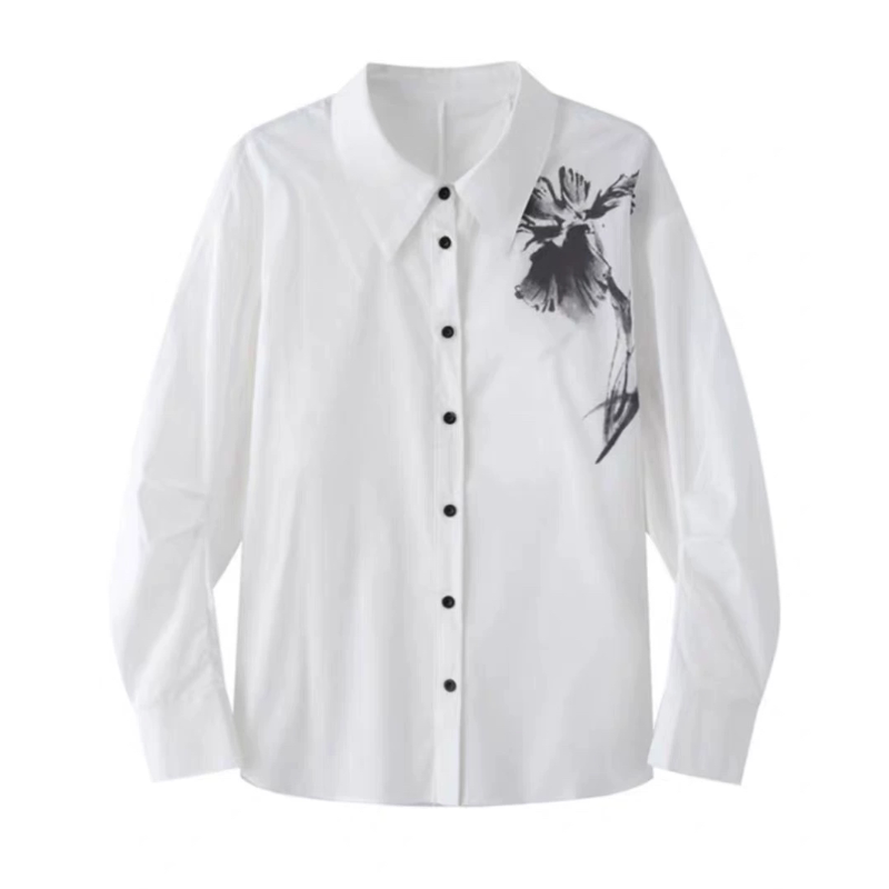 B422衬衣女秋季新款简约通勤水墨画印花白色长袖衬衫女1