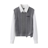 翻领减龄学院风新款 长袖 显瘦女装 A402撞色叠穿假两件针织衫 衬衫