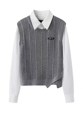 A402撞色叠穿假两件针织衫翻领减龄学院风新款长袖显瘦女装衬衫