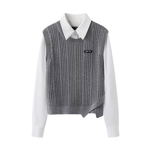 衬衫 A402撞色叠穿假两件针织衫 显瘦女装 长袖 翻领减龄学院风新款