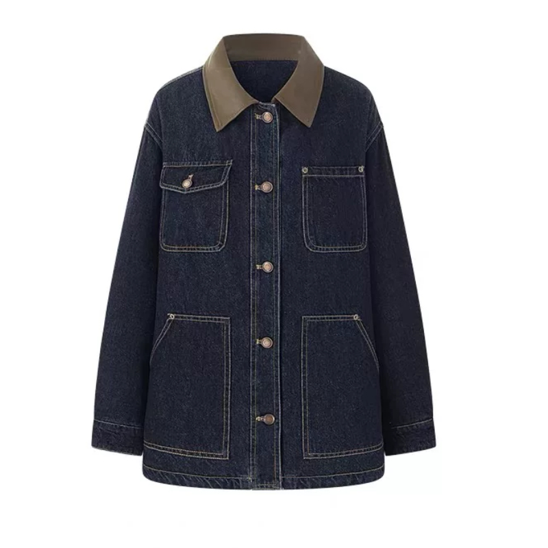 D333新品巴恩风系列翻领加厚保暖中长牛仔服外套女复古深蓝棉衣