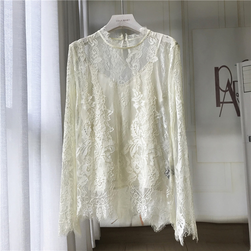 春夏欧美新款女装内衬吊带装饰圆领透视蕾丝长袖百搭上衣E244