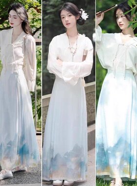 B323 彩家夏款冰川蓝花卉淑女新中式国风高腰印花马面裙半身裙