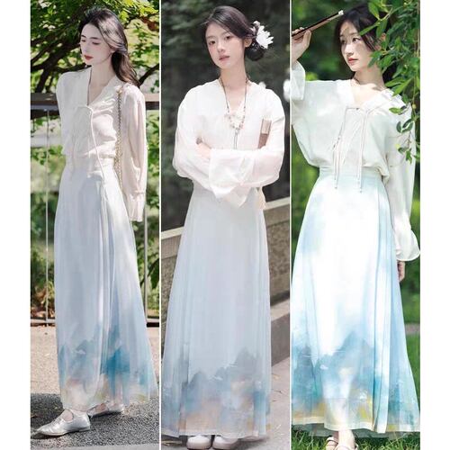 B323 彩家夏款冰川蓝花卉淑女新中式国风高腰印花马面裙半身裙