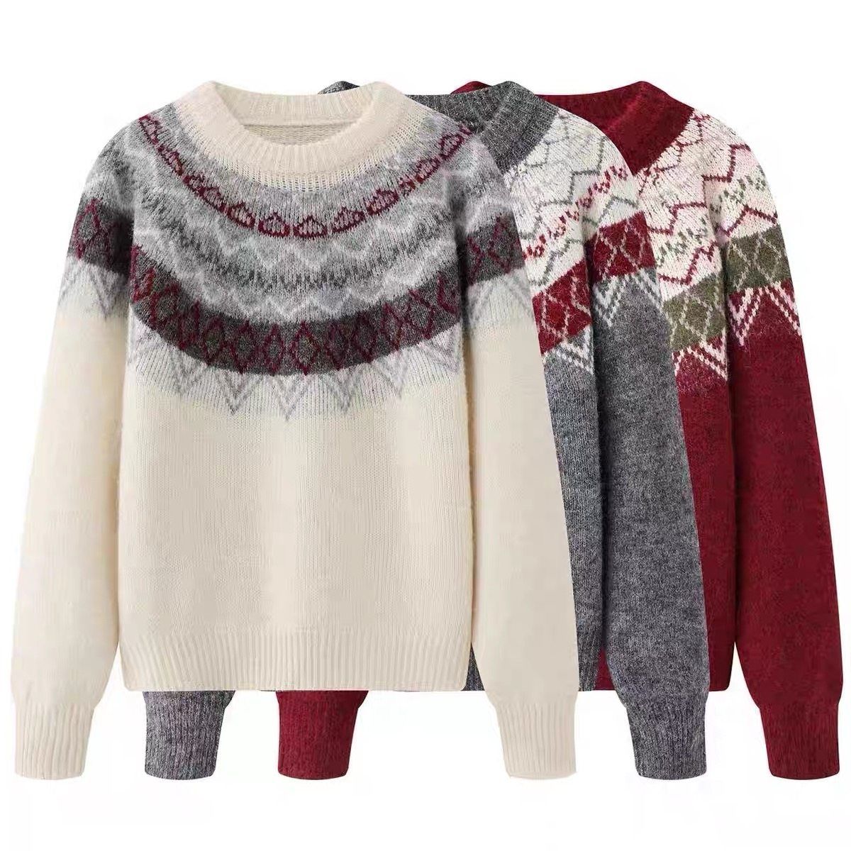 B603秋冬新款复古宽松休闲慵懒风圆领费尔岛针织套头毛衣女,女装/女士精品,毛针织衫,淘宝优惠券,粉丝福利购,淘宝优惠卷